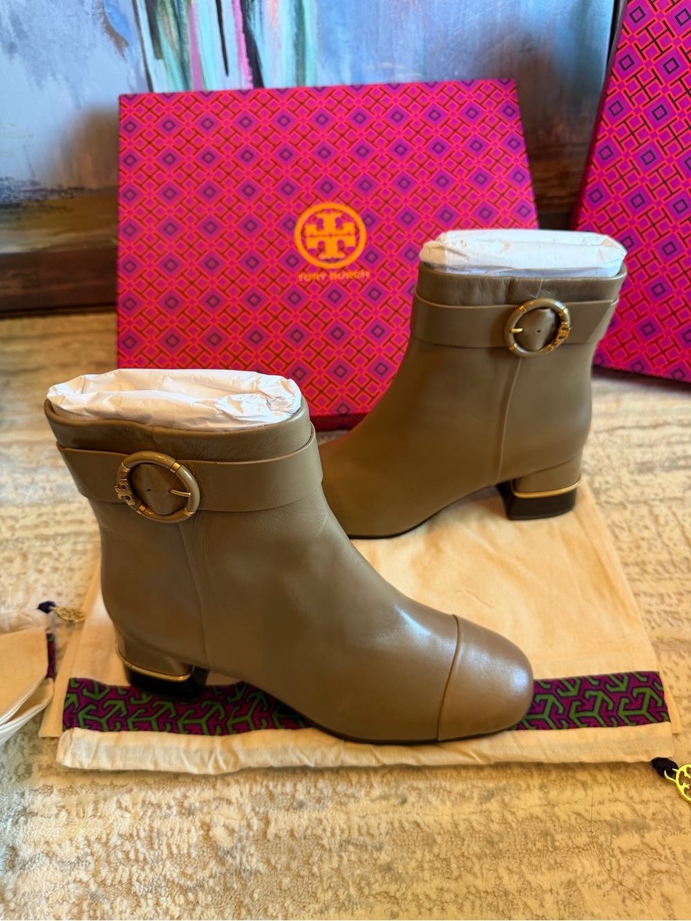 Tory Burch Multi Logo Ankle Booties with Gold Buckle